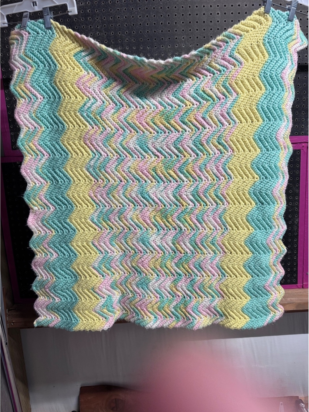 Handmade Crochet Baby Blanket 32x32 Pastel Chevron Teal Yellow Pink White